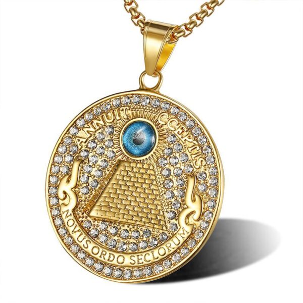 "Novus ordo seclorum"Round Pendants Necklaces Illuminati Pyramid Gold 316L