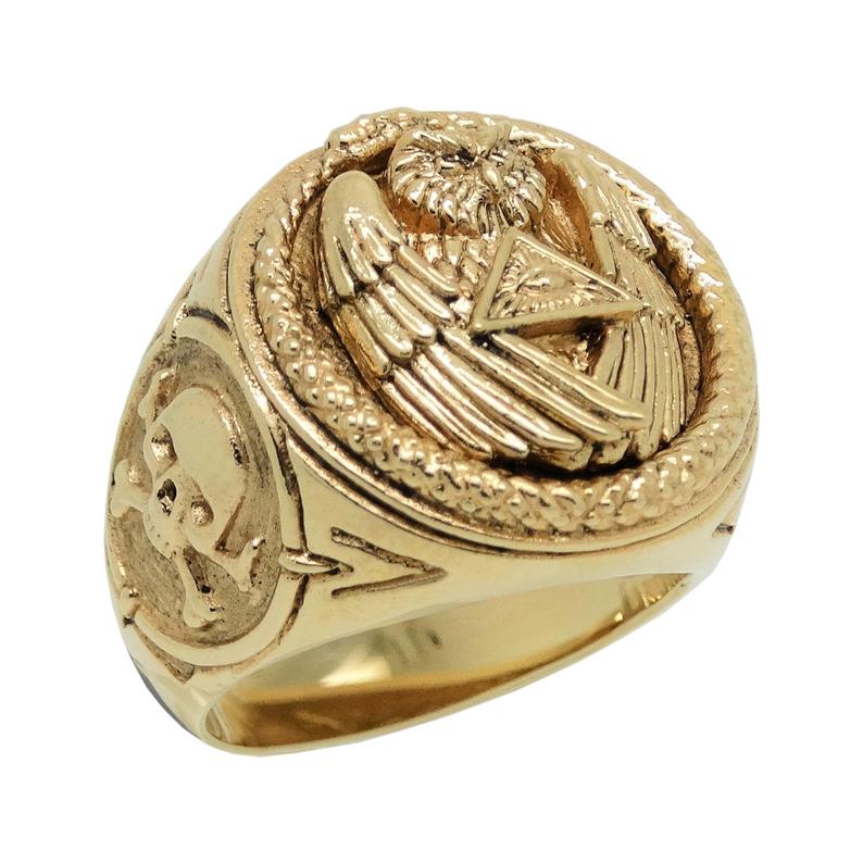Gold 14K Illuminati All Seeing Eye ring, Snake Owl Skull mens power ring - Image 9