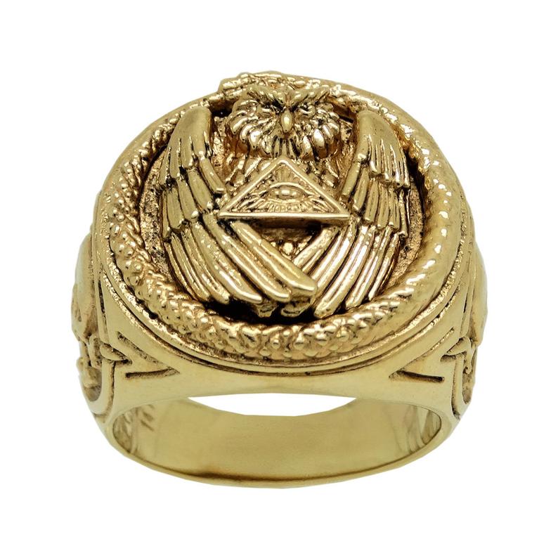 Gold 14K Illuminati All Seeing Eye ring, Snake Owl Skull mens power ring - Image 7