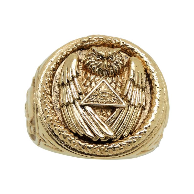 Gold 14K Illuminati All Seeing Eye ring, Snake Owl Skull mens power ring - Image 4